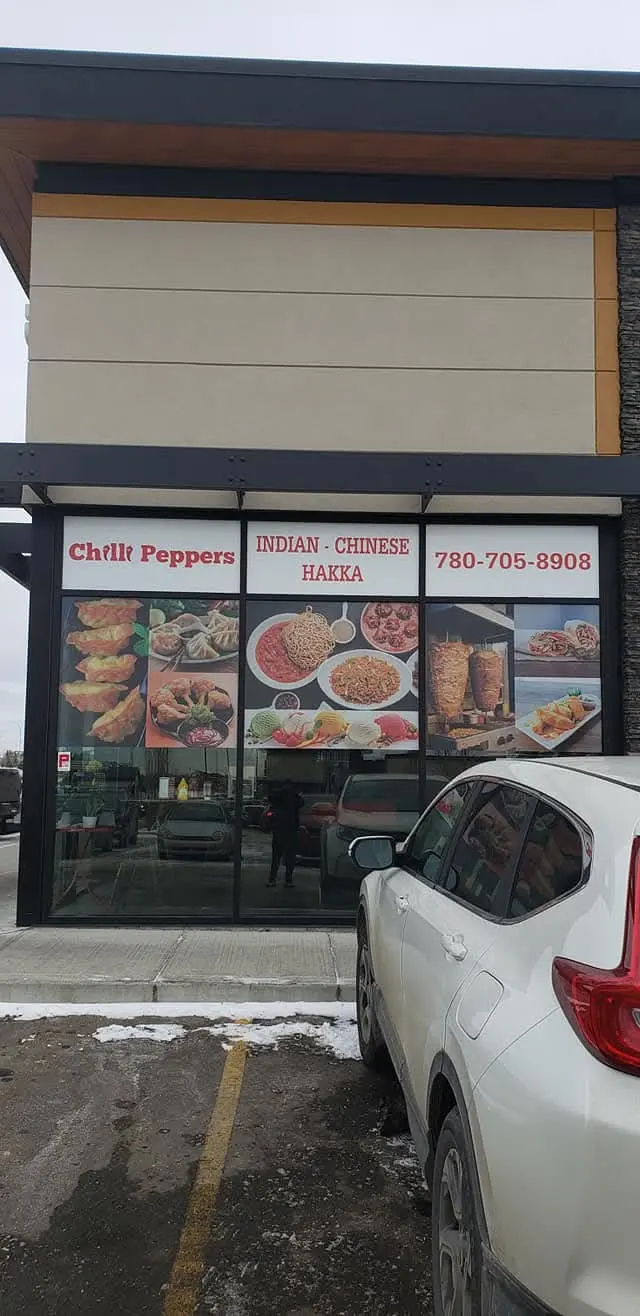 Chilli Peppers restaurant window graphics with food photos and header panels
