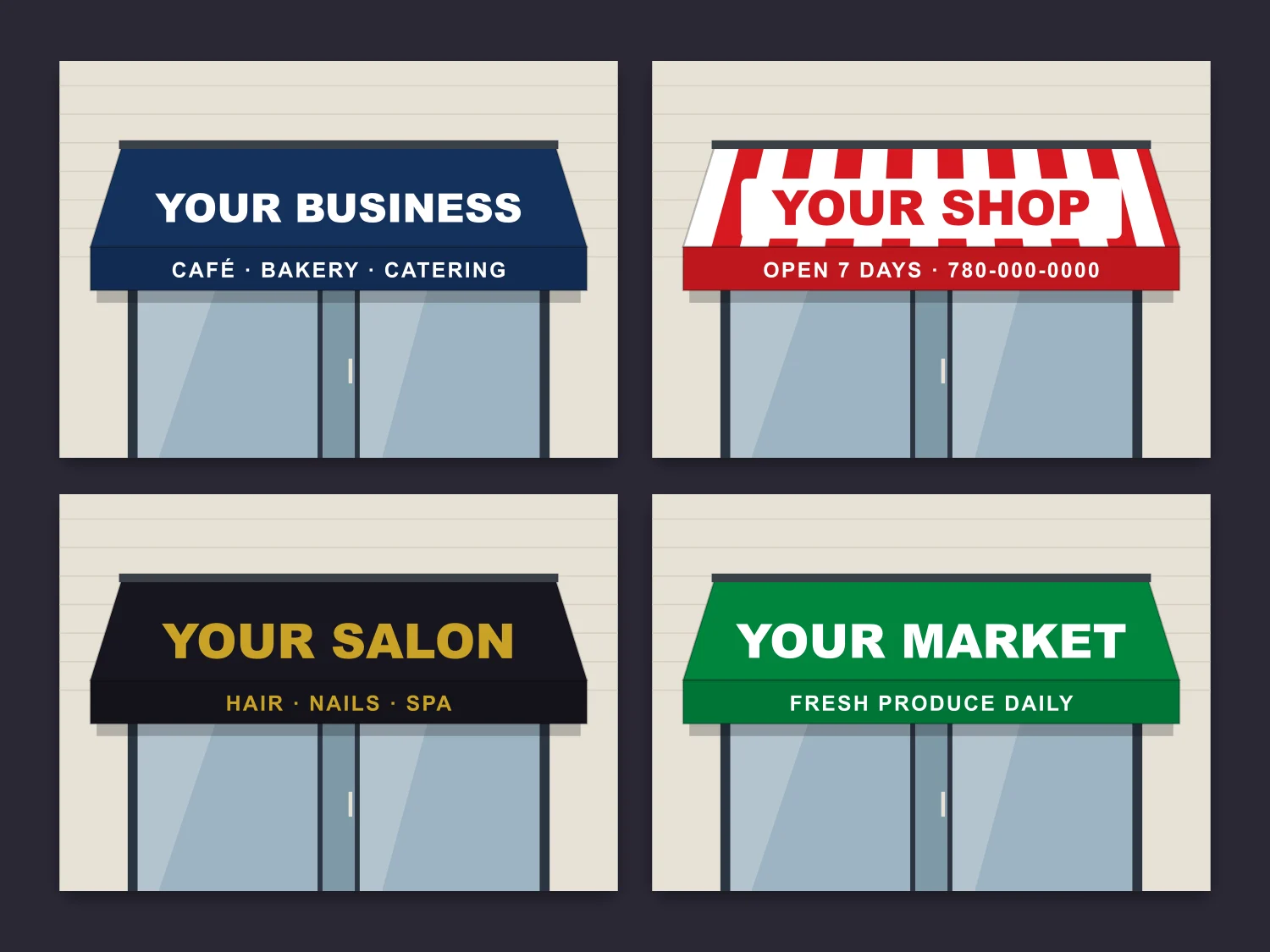 Four sample storefront awnings with business names in different colours