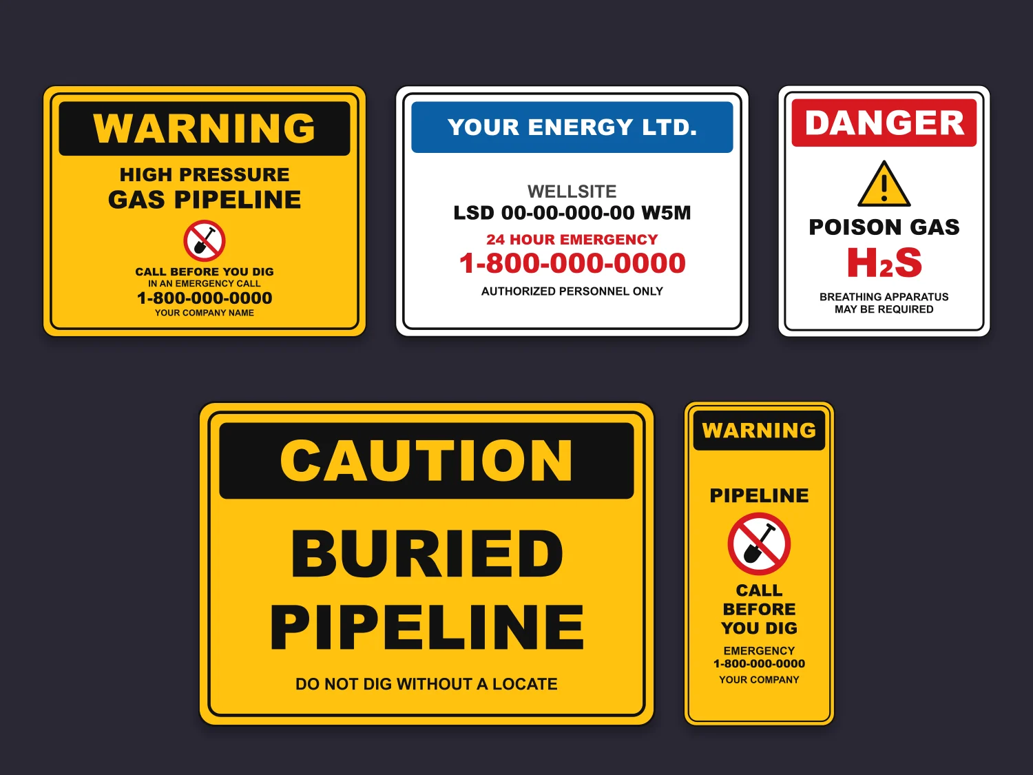 Sample pipeline warning sign, wellsite lease sign, H2S danger sign, buried pipeline sign and pipeline marker